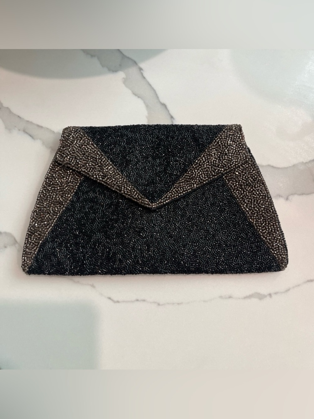 Black Beaded Evening Clutch Bag LP Brass Color Accents Unique Made in France Chi